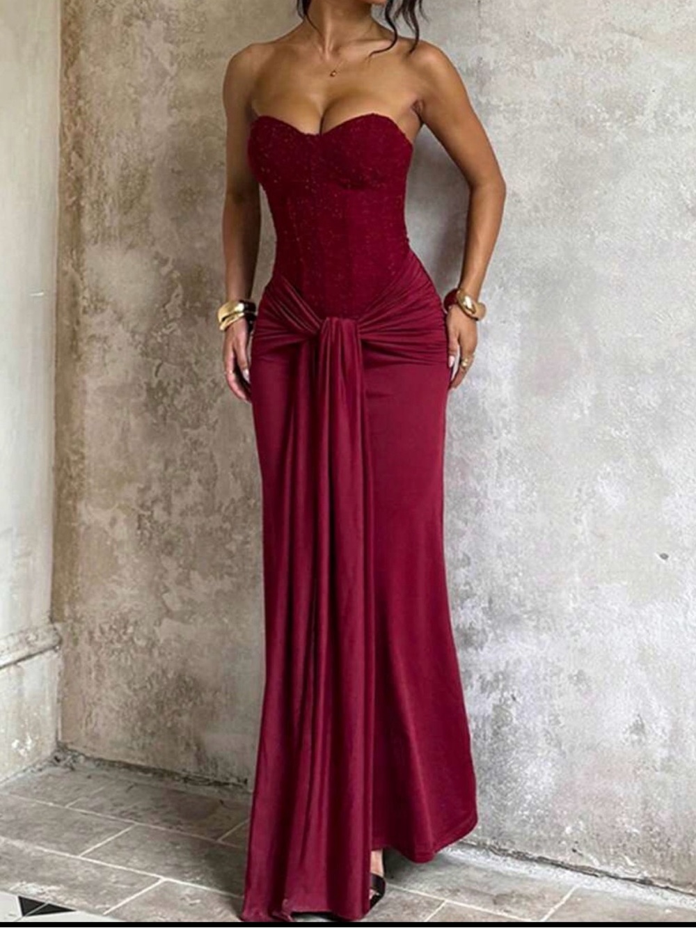 Strapless Burgundy Evening Gown with Draped Front